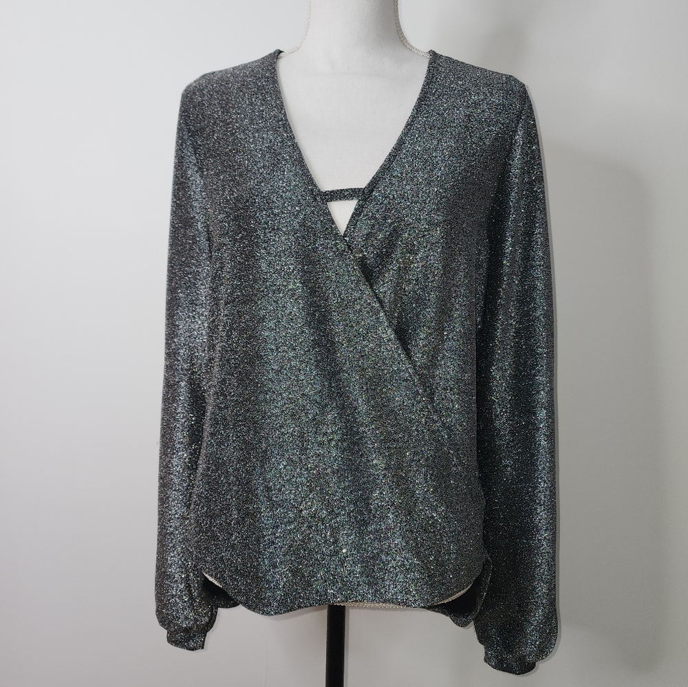 Bisou Bisou silver shimmer v-neck High-low long sleeve blouse